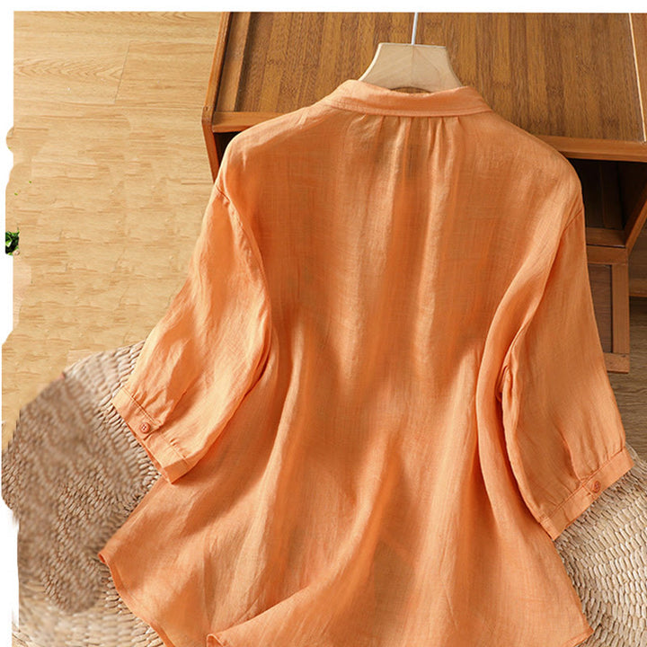 Camisa de mujer de media manga con botones de algodón y bordado de hojas y Buddha Stones
