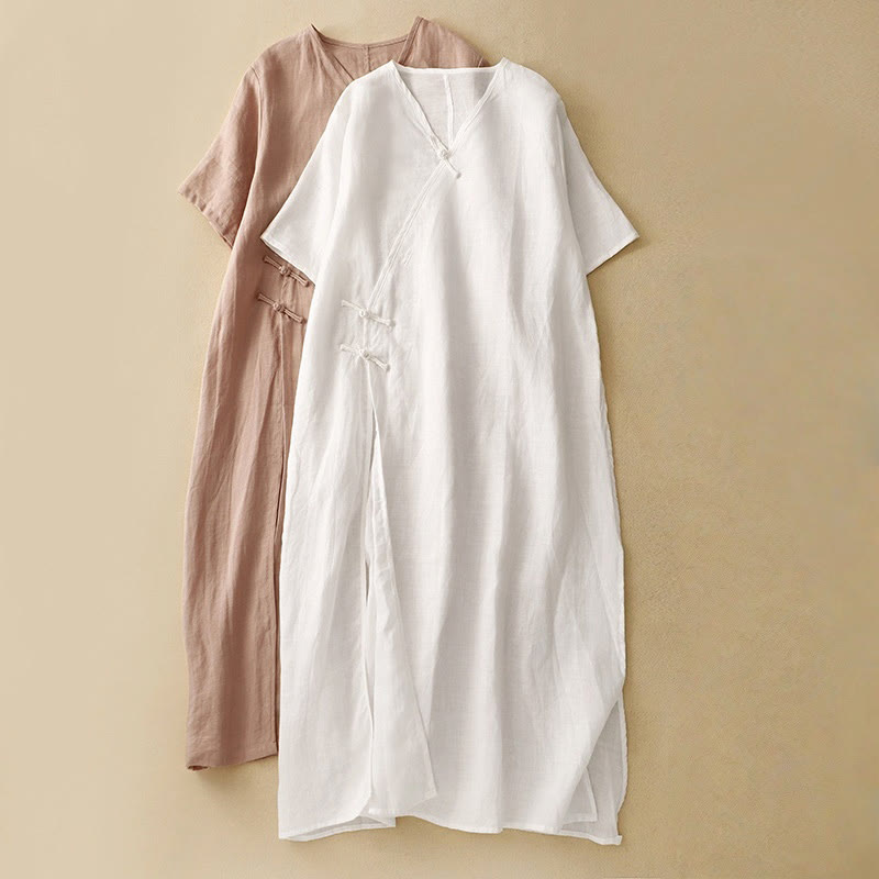 Vestido midi de verano para mujer de algodón y lino con cuello en V y botones de rana, manga corta y estampado de Buddha Stones - image 12