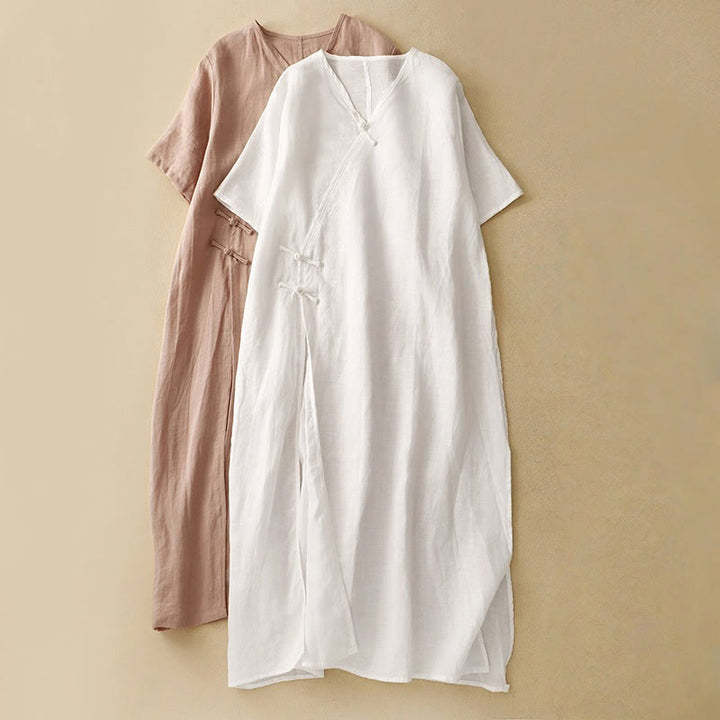 Vestido midi de verano para mujer de algodón y lino con cuello en V y botones de rana, manga corta y estampado de Buddha Stones - image 12