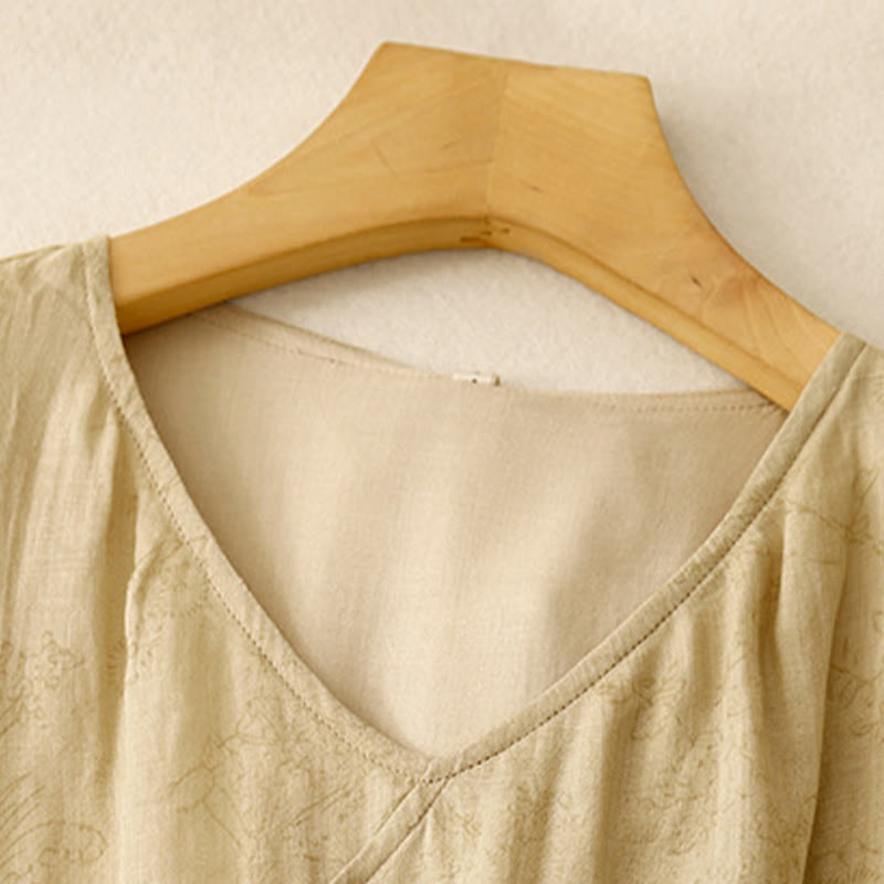 Vestido midi de verano de algodón y lino con cuello en V, mangas cortas y cordones para mujer, con bolsillos y estampado de Buddha Stones