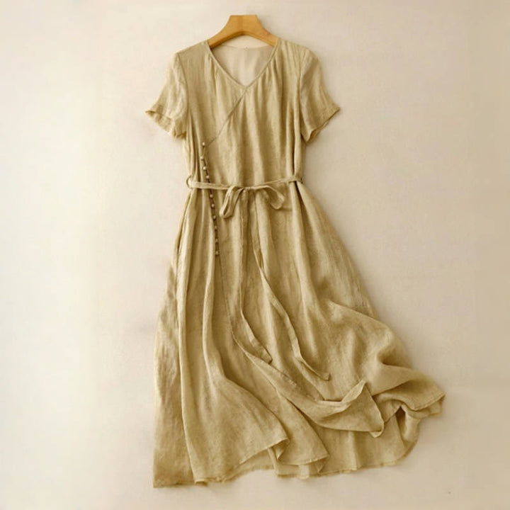 Vestido midi de verano de algodón y lino con cuello en V, mangas cortas y cordones para mujer, con bolsillos y estampado de Buddha Stones