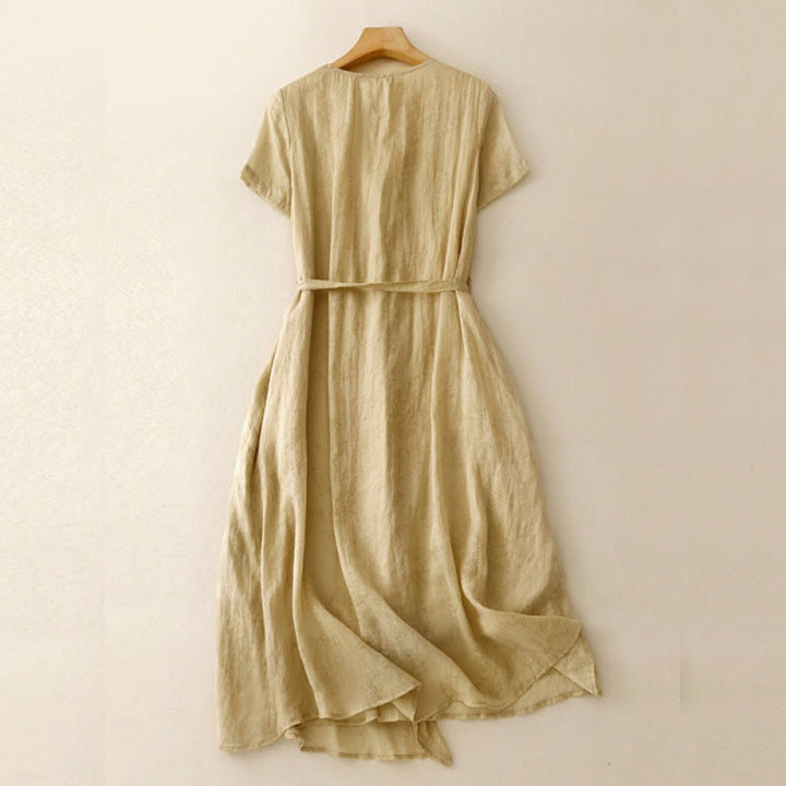 Vestido midi de verano de algodón y lino con cuello en V, mangas cortas y cordones para mujer, con bolsillos y estampado de Buddha Stones