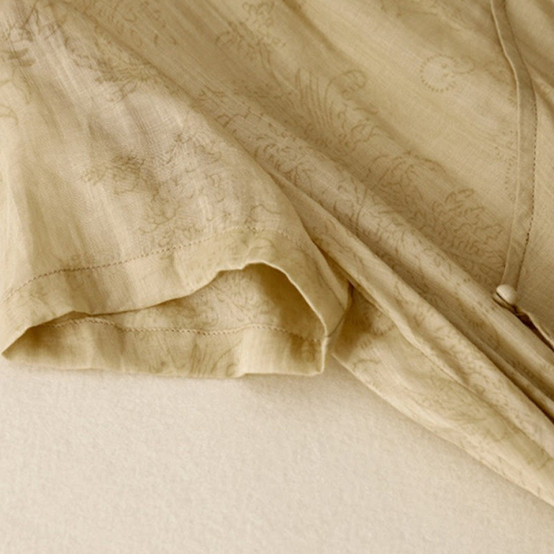 Vestido midi de verano de algodón y lino con cuello en V, mangas cortas y cordones para mujer, con bolsillos y estampado de Buddha Stones - image 4