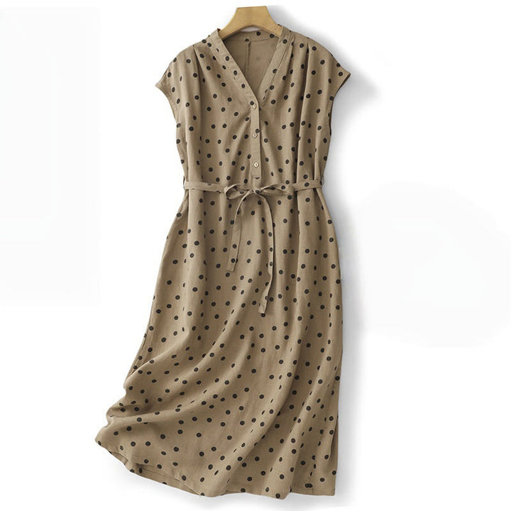 Vestido midi de verano de algodón y lino con cuello en V, lunares y cordones para mujer, con bolsillos, de Buddha Stones