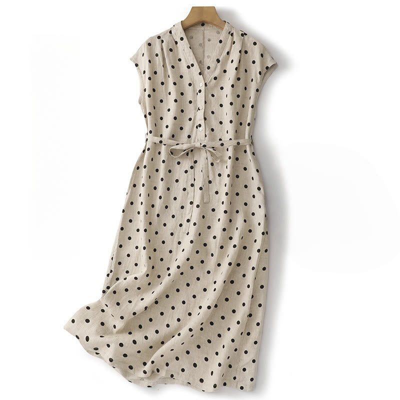 Vestido midi de verano de algodón y lino con cuello en V, lunares y cordones para mujer, con bolsillos, de Buddha Stones