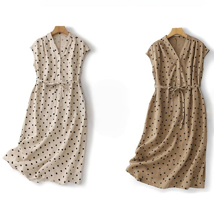 Vestido midi de verano de algodón y lino con cuello en V, lunares y cordones para mujer, con bolsillos, de Buddha Stones