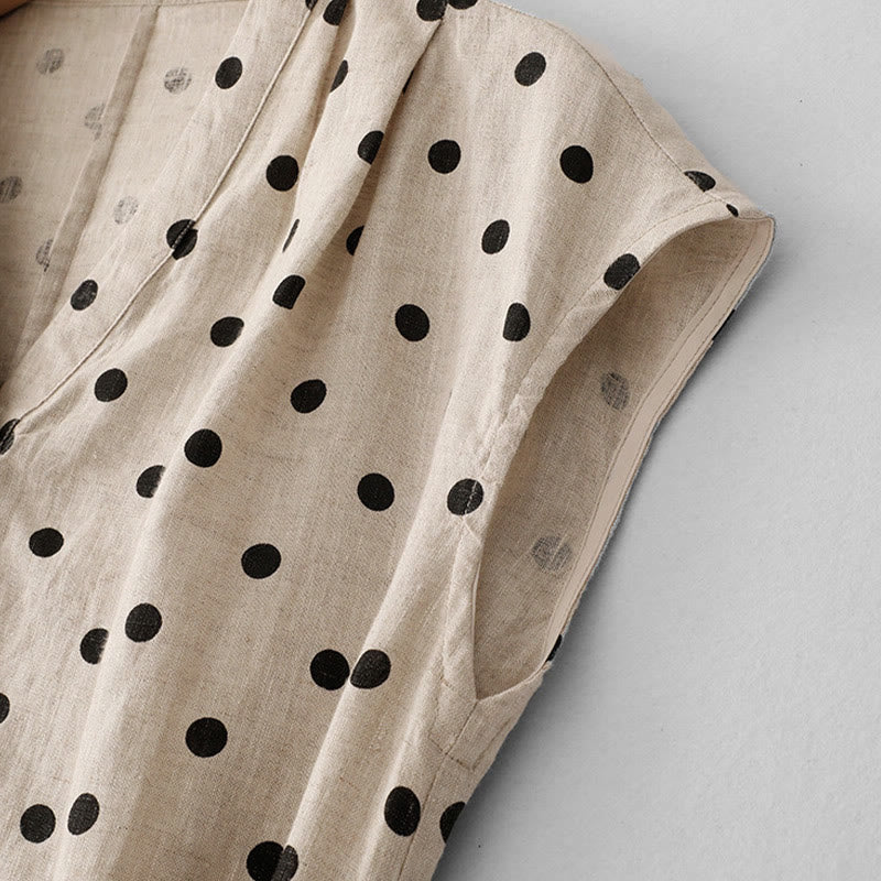 Vestido midi de verano de algodón y lino con cuello en V, lunares y cordones para mujer, con bolsillos, de Buddha Stones - image 13