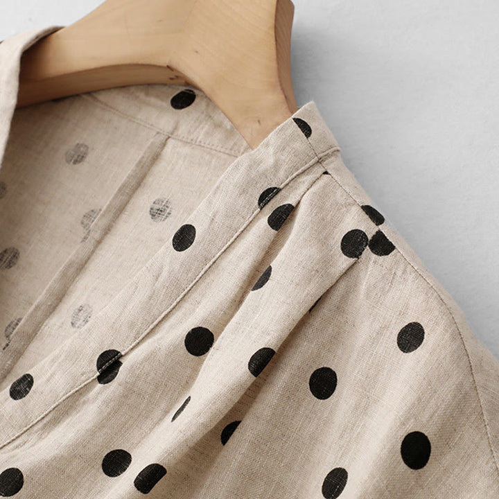 Vestido midi de verano de algodón y lino con cuello en V, lunares y cordones para mujer, con bolsillos, de Buddha Stones - image 14