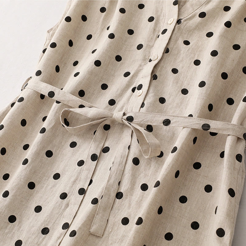 Vestido midi de verano de algodón y lino con cuello en V, lunares y cordones para mujer, con bolsillos, de Buddha Stones - image 11