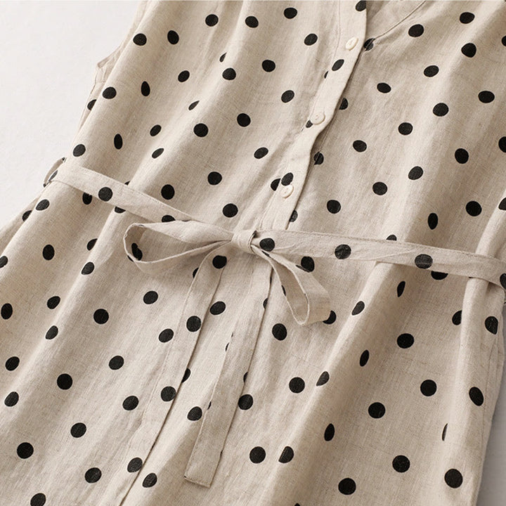 Vestido midi de verano de algodón y lino con cuello en V, lunares y cordones para mujer, con bolsillos, de Buddha Stones - image 11