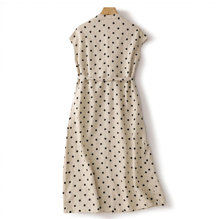 Vestido midi de verano de algodón y lino con cuello en V, lunares y cordones para mujer, con bolsillos, de Buddha Stones