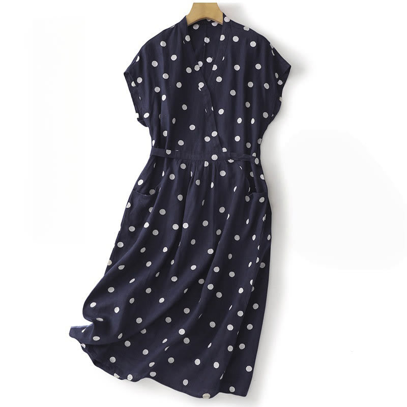Vestido midi de mujer con estampado de Buddha Stones, lunares, escote en V, cordones y bolsillos. - Marina de guerra - US8-10，UK/AU12-14，EU40-42 (2XL) - image 0