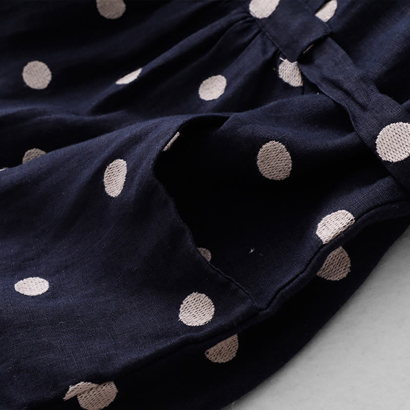 Vestido midi de lino y algodón con cuello en V, encaje y lunares de Buddha Stones para mujer, con bolsillos - image 5