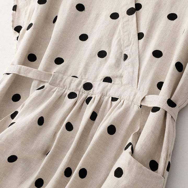 Vestido midi de lino y algodón con cuello en V, encaje y lunares de Buddha Stones para mujer, con bolsillos - image 12