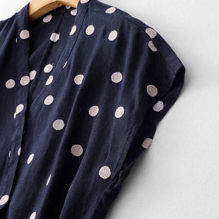 Vestido midi de lino y algodón con cuello en V, encaje y lunares de Buddha Stones para mujer, con bolsillos - image 2