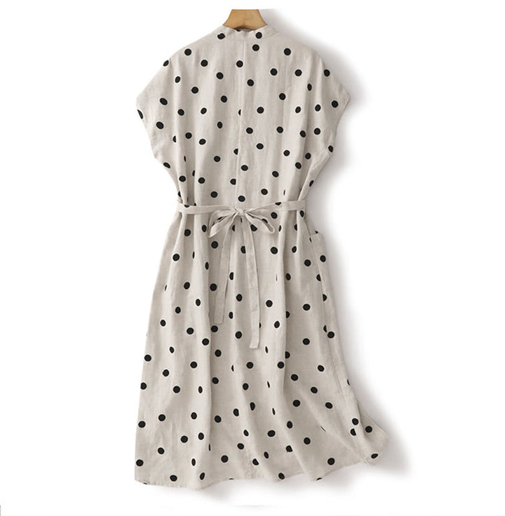 Vestido midi de lino y algodón con cuello en V, encaje y lunares de Buddha Stones para mujer, con bolsillos