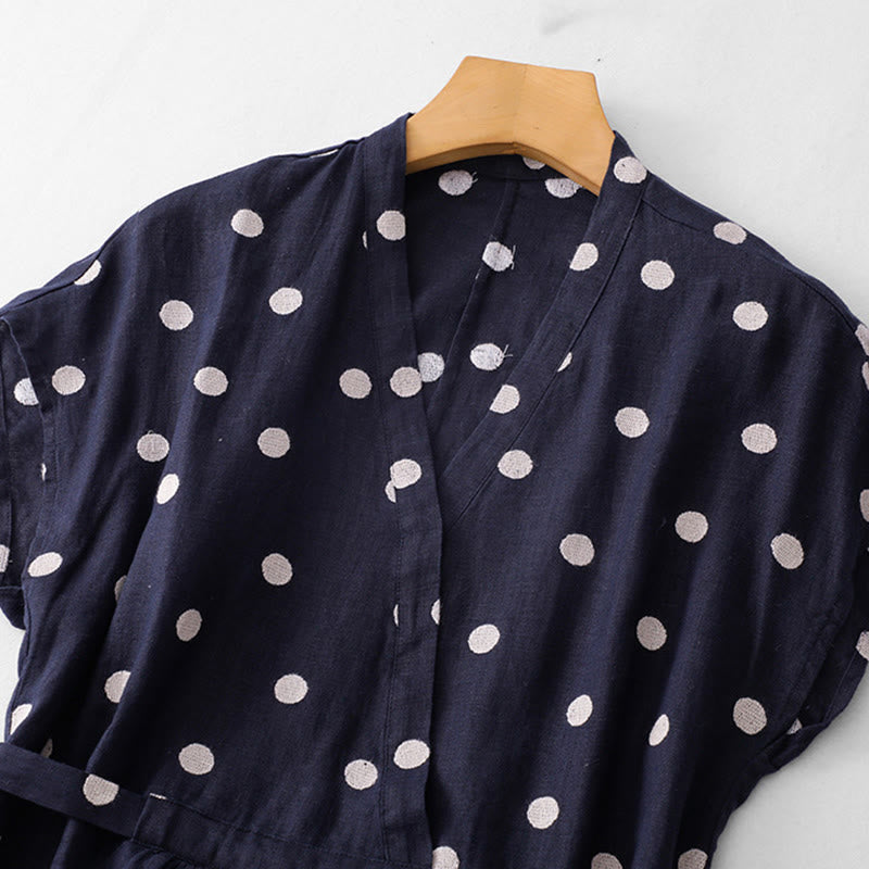 Vestido midi de lino y algodón con cuello en V, encaje y lunares de Buddha Stones para mujer, con bolsillos - image 1