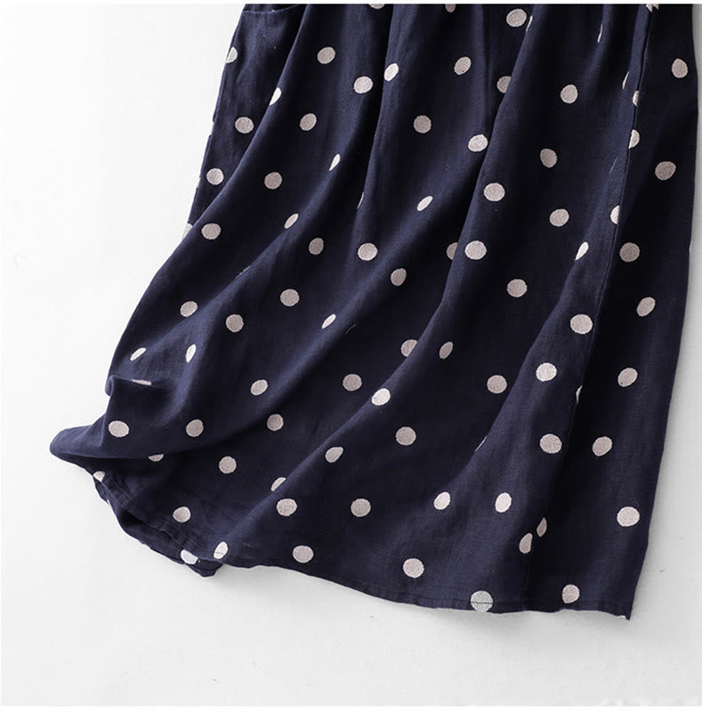 Vestido midi de lino y algodón con cuello en V, encaje y lunares de Buddha Stones para mujer, con bolsillos