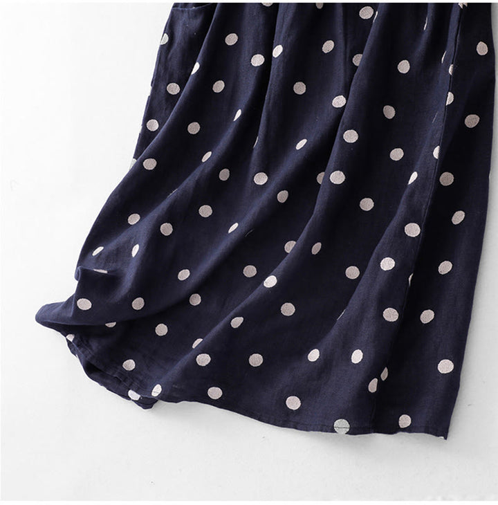 Vestido midi de lino y algodón con cuello en V, encaje y lunares de Buddha Stones para mujer, con bolsillos