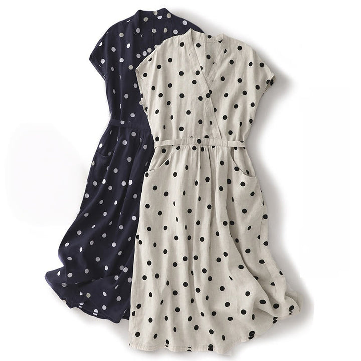 Vestido midi de lino y algodón con cuello en V, encaje y lunares de Buddha Stones para mujer, con bolsillos