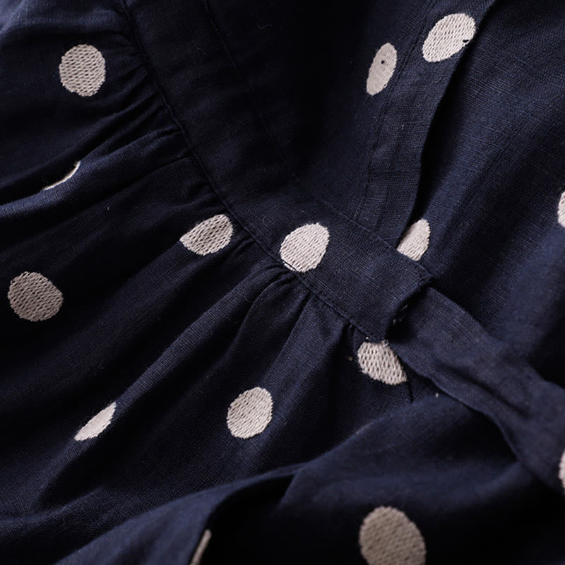 Vestido midi de lino y algodón con cuello en V, encaje y lunares de Buddha Stones para mujer, con bolsillos - image 3