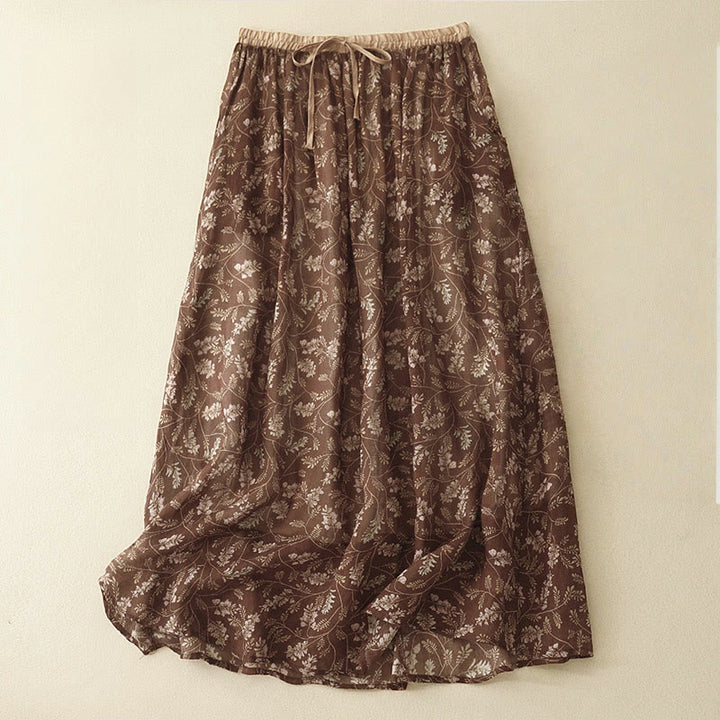 Falda de lino y algodón con cintura elástica para mujer, con estampado floral de Buddha Stones y bolsillos.