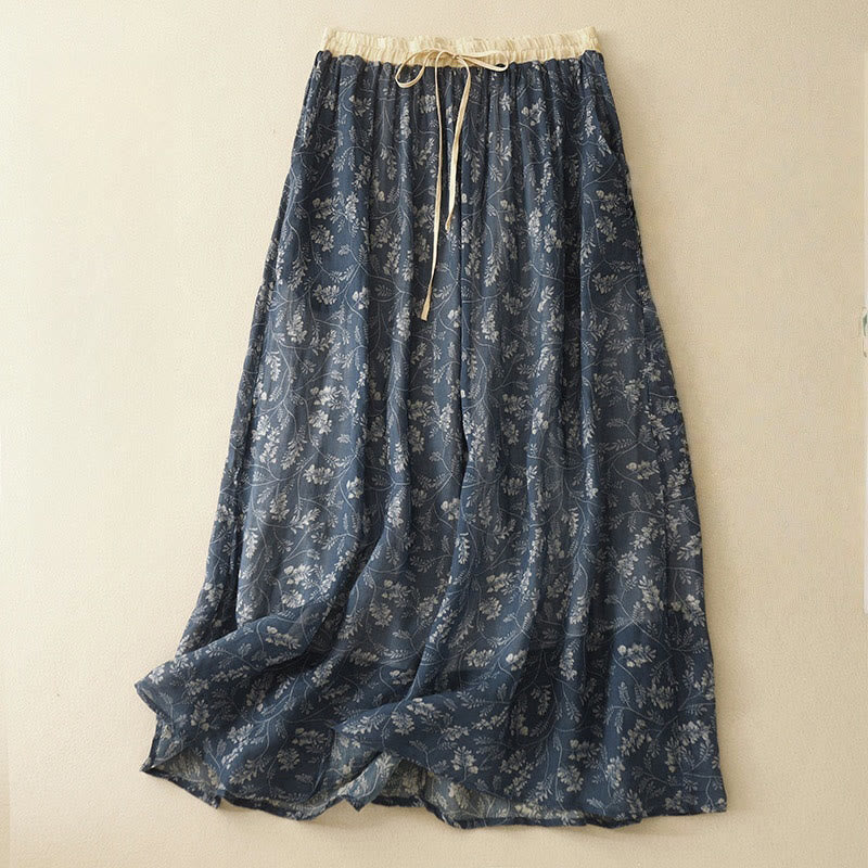 Falda de lino y algodón con cintura elástica para mujer, con estampado floral de Buddha Stones y bolsillos.