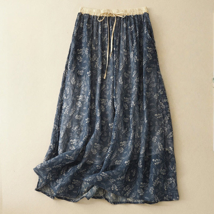 Falda de lino y algodón con cintura elástica para mujer, con estampado floral de Buddha Stones y bolsillos.