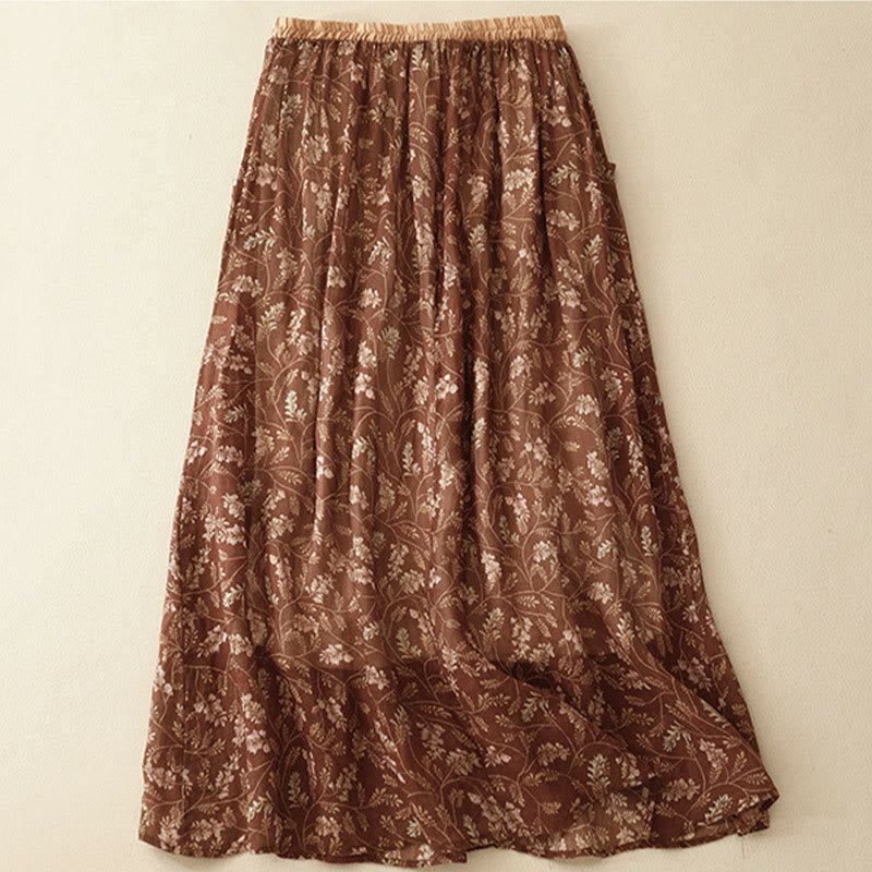 Falda de lino y algodón con cintura elástica para mujer, con estampado floral de Buddha Stones y bolsillos.