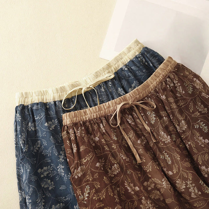 Falda de lino y algodón con cintura elástica para mujer, con estampado floral de Buddha Stones y bolsillos.