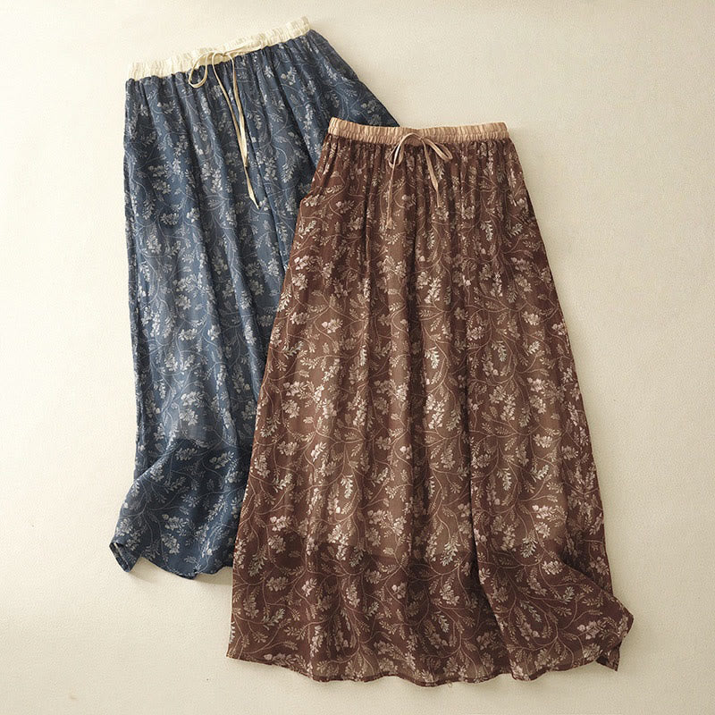 Falda de lino y algodón con cintura elástica para mujer, con estampado floral de Buddha Stones y bolsillos. - image 1