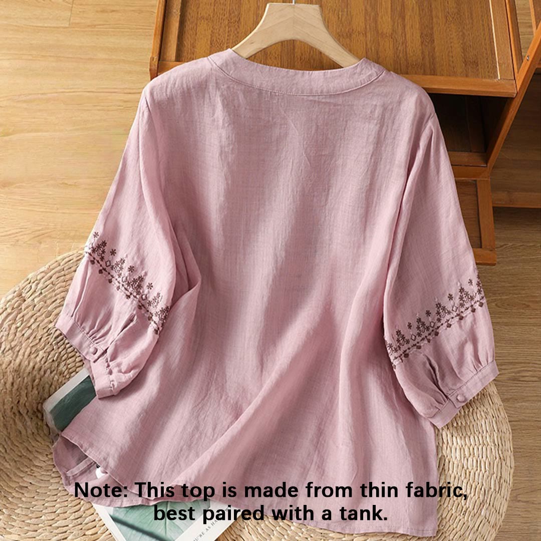 Camisa de algodón con cuello redondo y bordado simétrico de Buddha Stones para mujer - image 8