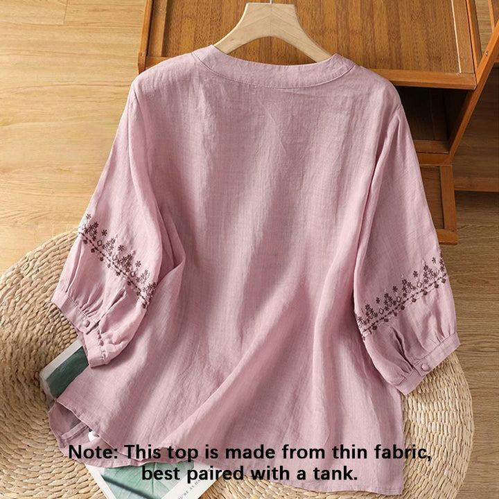 Camisa de algodón con cuello redondo y bordado simétrico de Buddha Stones para mujer - image 8
