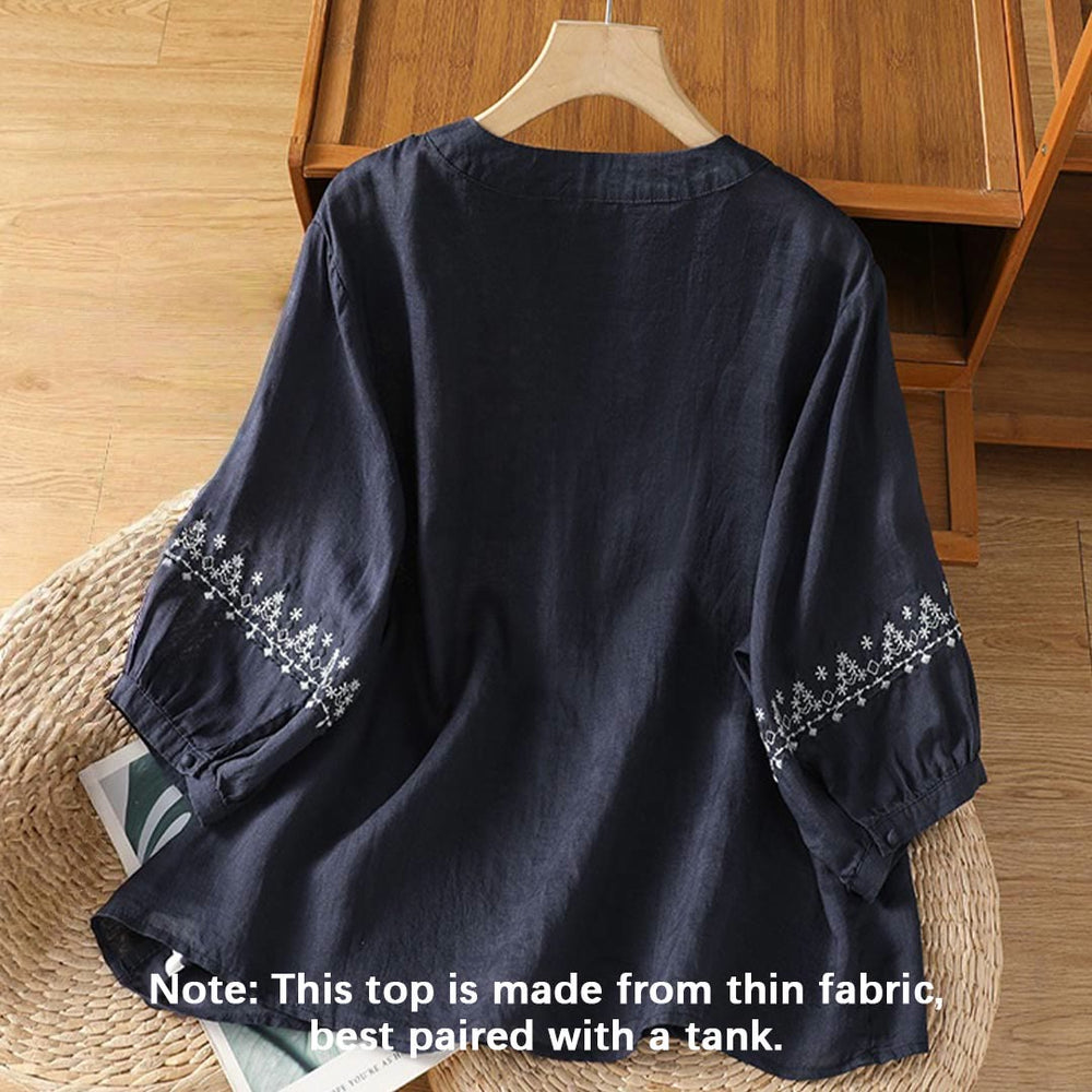 Camisa de algodón con cuello redondo y bordado simétrico de Buddha Stones para mujer - image 2