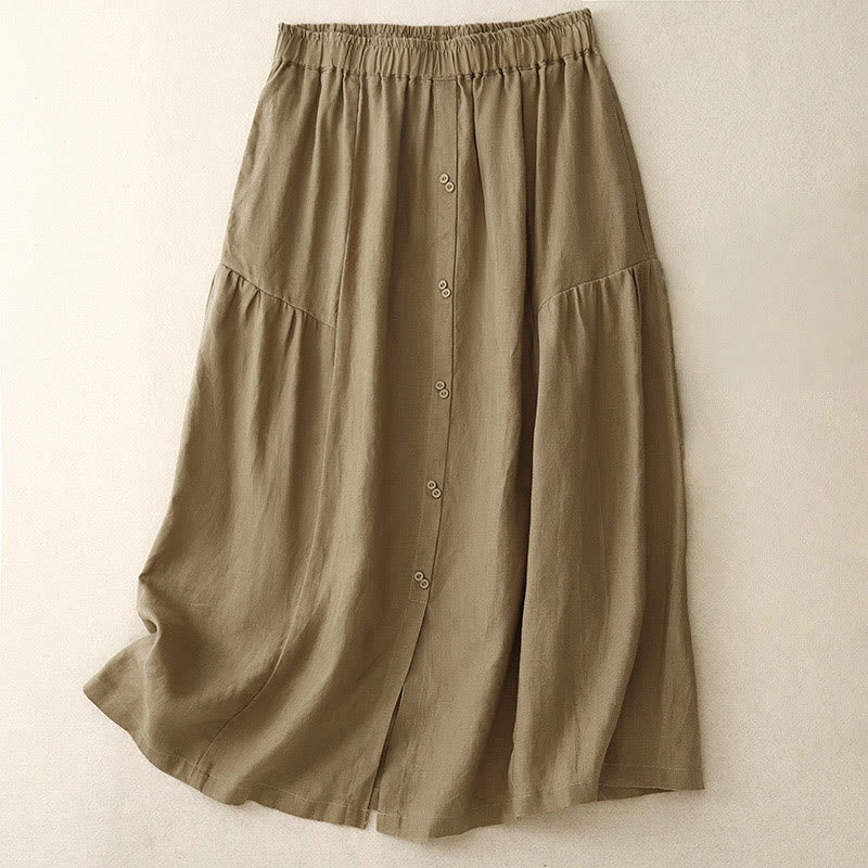 Falda de algodón con cintura elástica y bolsillos para mujer, diseño de aberturas, botones y Buddha Stones