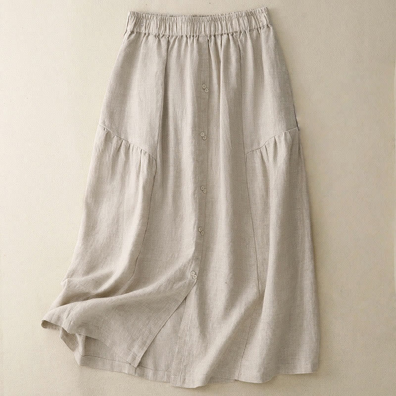 Falda de algodón con cintura elástica y bolsillos para mujer, diseño de aberturas, botones y Buddha Stones