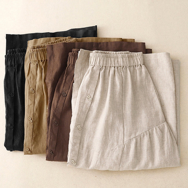 Falda de algodón con cintura elástica y bolsillos para mujer, diseño de aberturas, botones y Buddha Stones - image 17