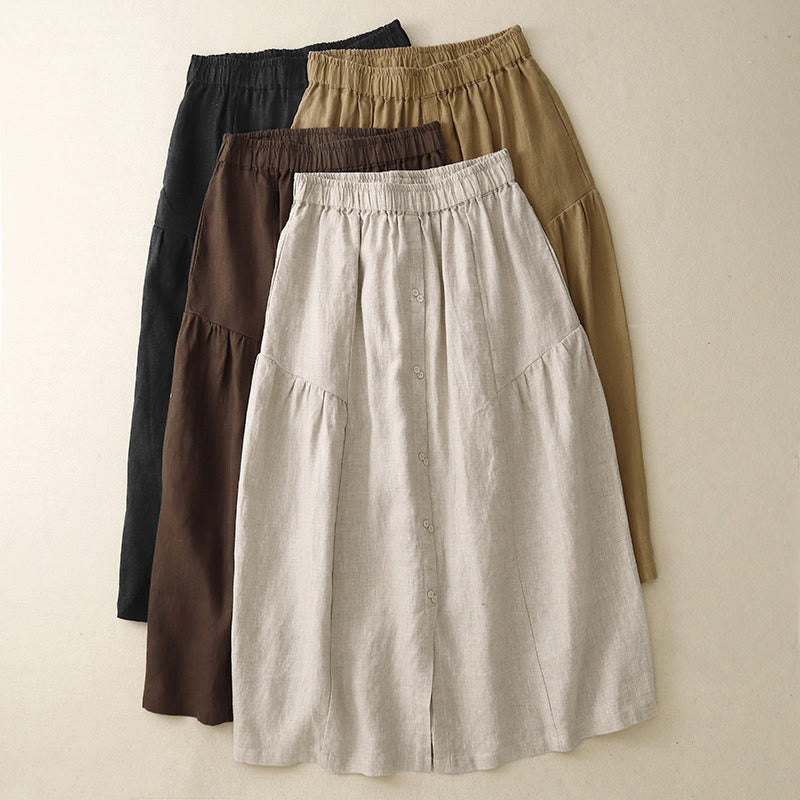 Falda de algodón con cintura elástica y bolsillos para mujer, diseño de aberturas, botones y Buddha Stones