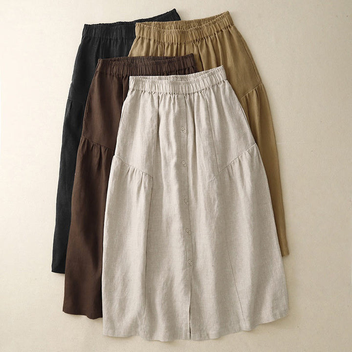 Falda de algodón con cintura elástica y bolsillos para mujer, diseño de aberturas, botones y Buddha Stones