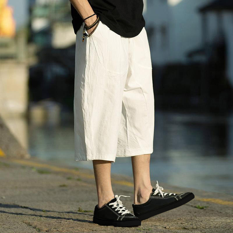 Pantalones de lino y algodón con diseño plisado de Buddha Stones para hombre, de verano, con cordón ajustable, de largo 7-8 y bolsillos - image 29