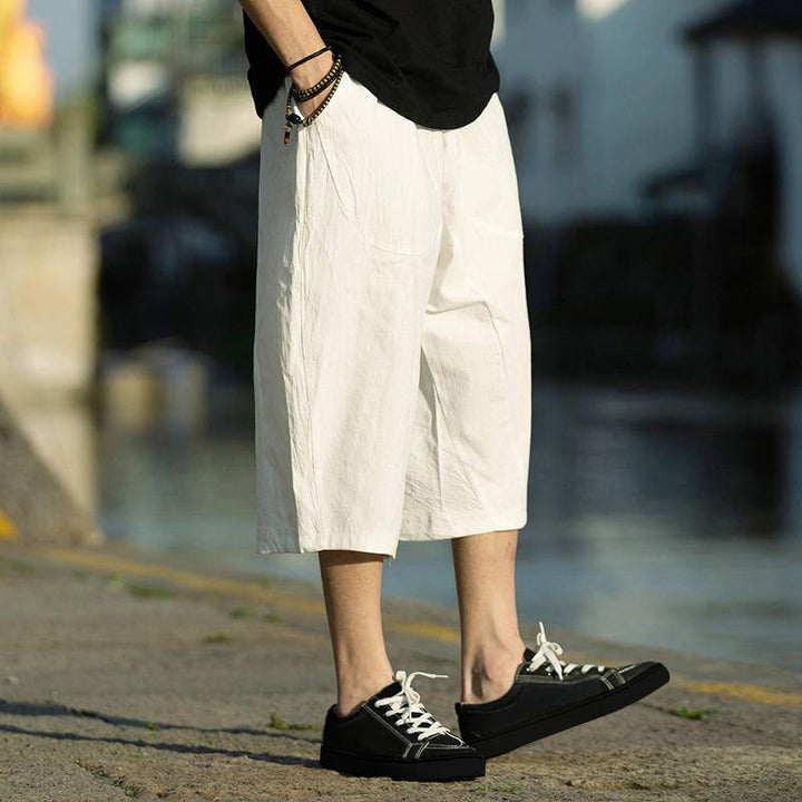 Pantalones de lino y algodón con diseño plisado de Buddha Stones para hombre, de verano, con cordón ajustable, de largo 7-8 y bolsillos - image 29