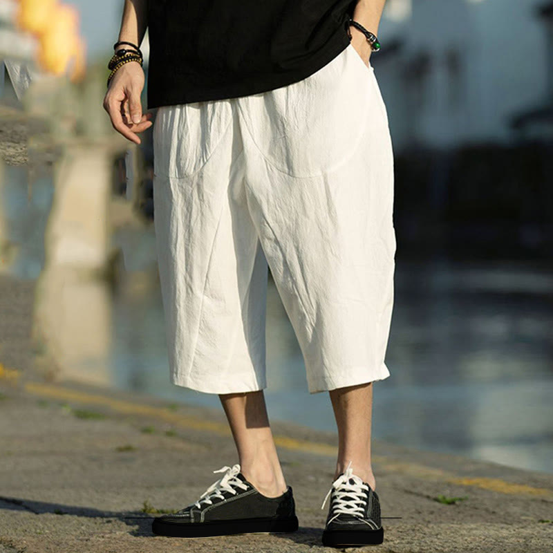 Pantalones de lino y algodón con diseño plisado de Buddha Stones para hombre, de verano, con cordón ajustable, de largo 7-8 y bolsillos - Blanco - US/UK/AU46, EU56 (5XL) - image 26