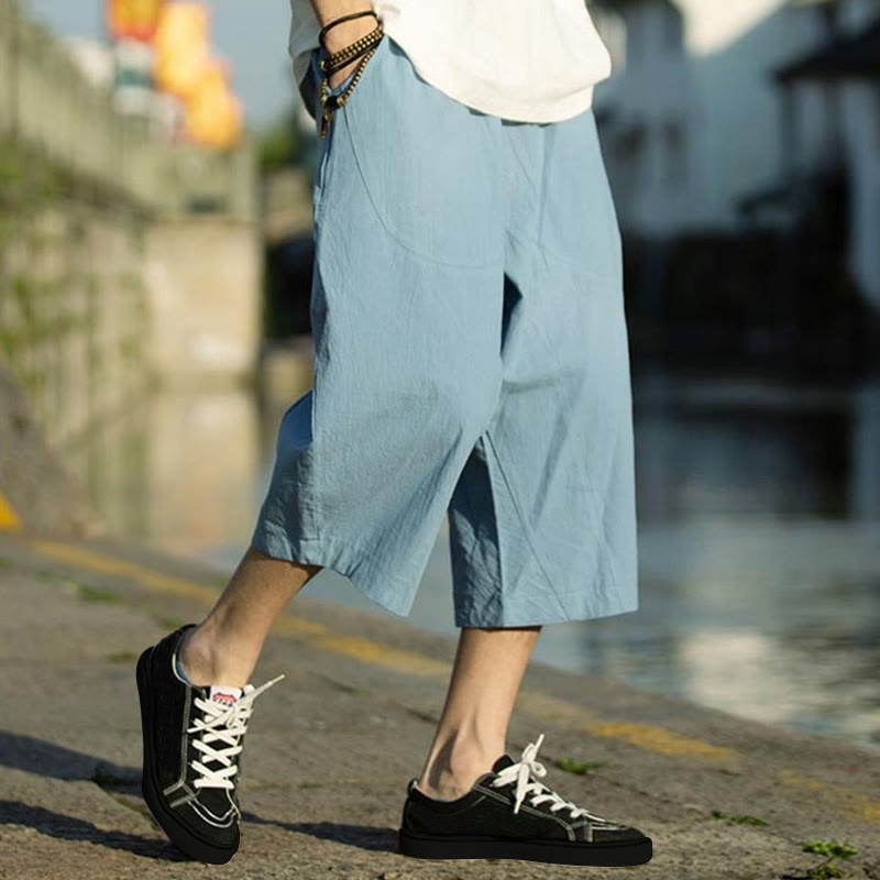 Pantalones de lino y algodón con diseño plisado de Buddha Stones para hombre, de verano, con cordón ajustable, de largo 7-8 y bolsillos - Azul cielo profundo - US/UK/AU46, EU56 (5XL) - image 30