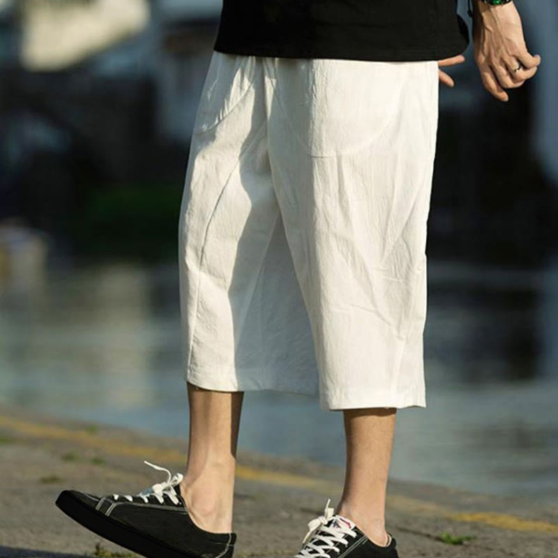 Pantalones de lino y algodón con diseño plisado de Buddha Stones para hombre, de verano, con cordón ajustable, de largo 7-8 y bolsillos - image 28