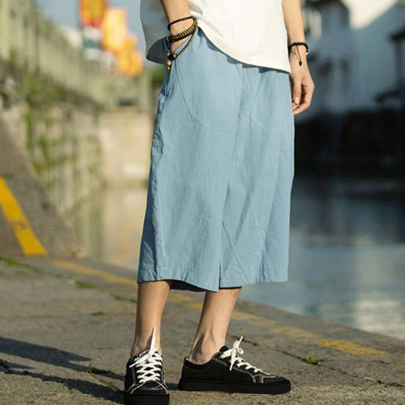 Pantalones de lino y algodón con diseño plisado de Buddha Stones para hombre, de verano, con cordón ajustable, de largo 7-8 y bolsillos - image 31
