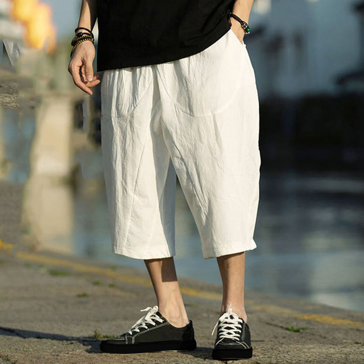 Pantalones de lino y algodón con diseño plisado de Buddha Stones para hombre, de verano, con cordón ajustable, de largo 7-8 y bolsillos - Blanco - US/UK/AU46, EU56 (5XL) - image 25