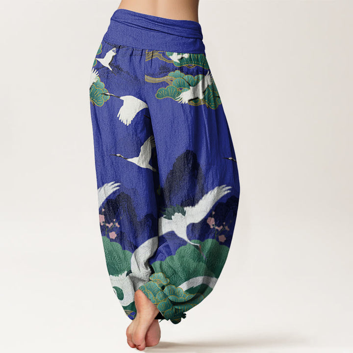 Pantalones harén para mujer con diseño de paisaje de pinos verdes y grullas de Buddha Stones - image 6