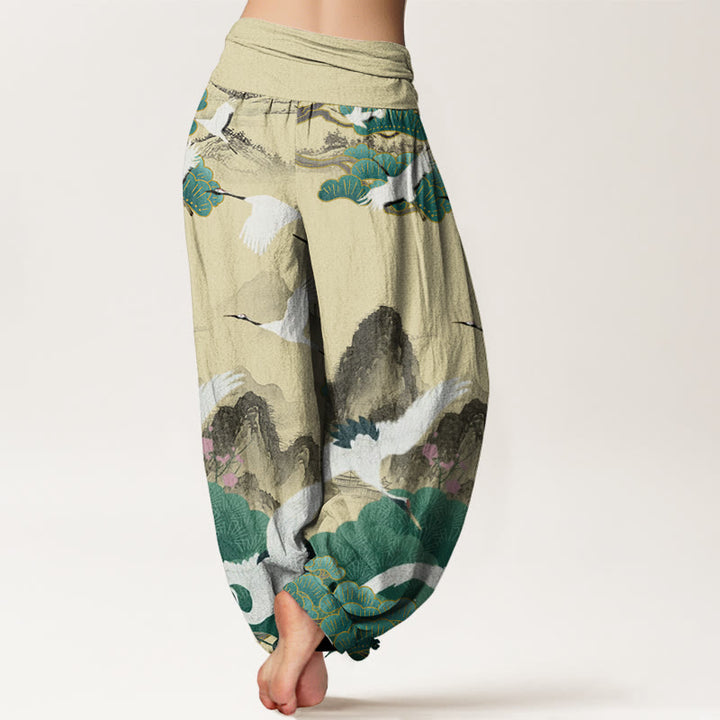 Pantalones harén para mujer con diseño de paisaje de pinos verdes y grullas de Buddha Stones - image 8