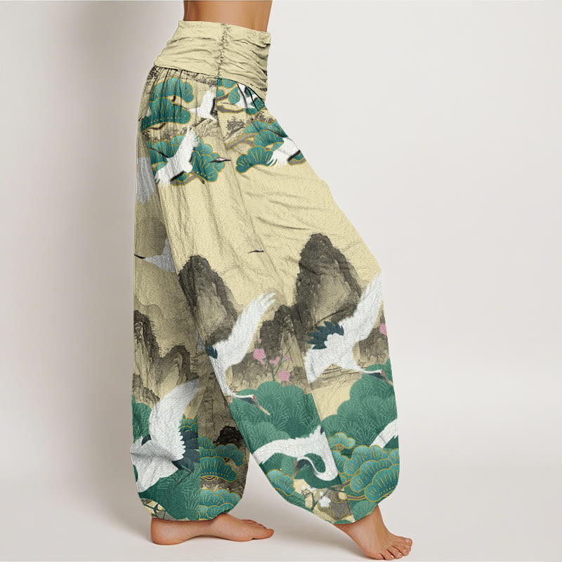 Pantalones harén para mujer con diseño de paisaje de pinos verdes y grullas de Buddha Stones - image 9