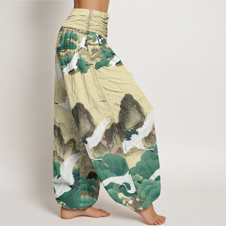 Pantalones harén para mujer con diseño de paisaje de pinos verdes y grullas de Buddha Stones - image 9